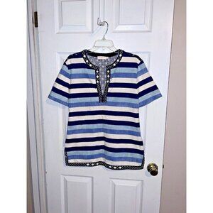 TORY BURCH Embroidered Striped Sequined Short Sleeve Shirt Blue Ivory